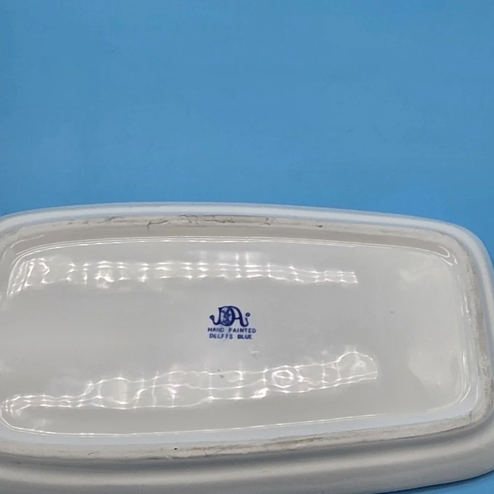 Hand Painted Delfts Blue Butter Dish Ducks Windmill Floral